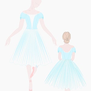 May include: A light blue ballet dress with a white tulle skirt and a blue bodice. The dress has short sleeves with a ruffle detail. The dress is shown from the front and back.