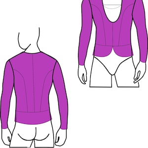 May include: A purple long-sleeved shirt with a deep V-neckline and a fitted silhouette. The shirt has a single button closure at the top and is shown from both the front and back.