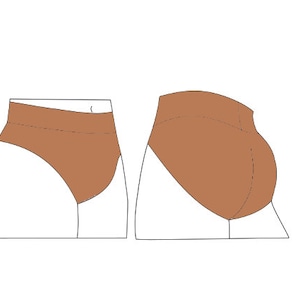 May include: A pair of brown underwear with a high-cut leg and a low rise. The underwear is shown from the front and back.