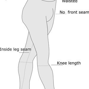 May include: A line drawing of a pair of tights with different length options. The drawing shows the inside leg seam, knee length, ankle length, and full foot. The text "New style" is at the top of the image. The text "Great for beginners and costumers." is below the text "New style". The text "Choices" is above the text "High waist". The text "or" is between the text "High waist" and the text "Waisted". The text "No front seam" is below the text "Waisted". The text "Inside leg seam" is below the text "No front seam". The text "Knee length" is to the right of the text "Inside leg seam". The text "Ankle length" is below the text "Knee length". The text "Full foot" is below the text "Ankle length". The text "9mm-3/8" seam allowances added" is below the text "Full foot".