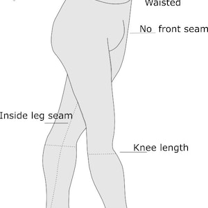 Könnte beinhalten: Eine Strichzeichnung einer Strumpfhose mit verschiedenen Längenoptionen, darunter Knöchel, Knie und ganzer Fuß. Die Zeichnung zeigt die innere Beinnaht, und der Text "New style" befindet sich oben im Bild. Der Text "Great for beginners and costumers." ist ebenfalls enthalten. Der Text "Choices" wird gefolgt von "High waist or Waisted". Der Text "No front seam" ist ebenfalls enthalten. Der Text "9mm-3/8" seam allowances added" befindet sich unten im Bild.