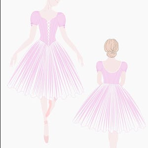 May include: A pink ballet tutu with a white underskirt and a pink bodice with a lace-up front. The tutu is shown from the front and back.