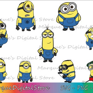 May include: A collection of cartoon Minion characters in various poses, each with yellow skin, blue overalls, and black goggles. The image includes the text "Marque Digital Store" and "SVG - PNG - EPS" at the bottom, suggesting digital art files.