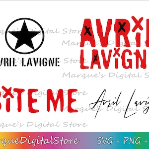 Puede incluir: Un fondo blanco presenta varios diseños de texto. Las palabras "AVRIL LAVIGNE" aparecen en rojo y negro, junto con "BITE ME". También hay una estrella negra en un círculo y la firma "Avril Lavigne". El banner inferior dice "MarqueDigitalStore" y "SVG - PNG - EPS."