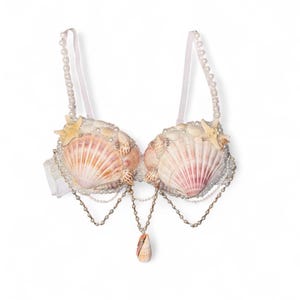 May include: A seashell bra featuring large, pink and white striped shells as cups, adorned with pearls, small shells, and starfish. The bra has pearl-beaded straps and a dangling shell pendant, creating a mermaid or beach-themed aesthetic.