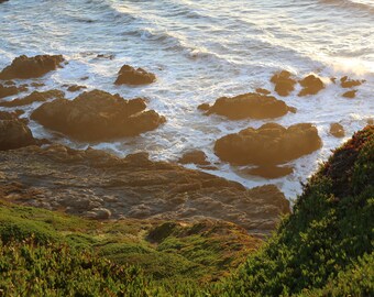 May include: A rocky coastline with green vegetation in the foreground and the ocean in the background. The ocean is a light blue color and the waves are crashing against the rocks. The sun is shining and the water is sparkling.