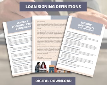 May include: A digital download of Loan Signing Definitions featuring three pages of text. The pages include headers for Lender's Documents, Escrow Documents, and a letter to a Notary Signing Agent, with a small graphic of houses at the bottom.