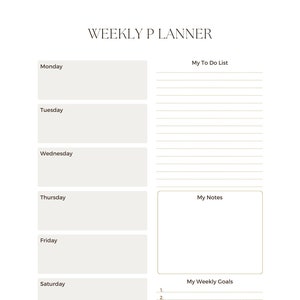May include: A weekly planner with sections for Monday through Sunday, a to-do list, notes, and weekly goals. The planner has a simple, minimalist design with a white background and brown lines.