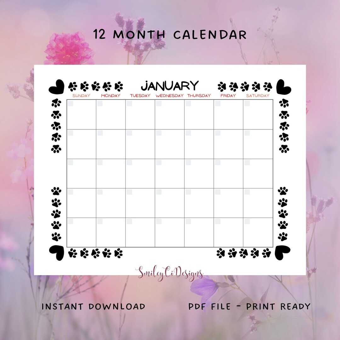 Paw Hearts Calendar 12 Month PDF Digital Download Printable Blank ...