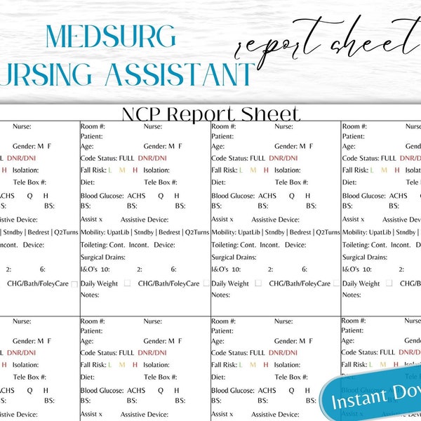 Nursing Assistant Report Sheet - Etsy