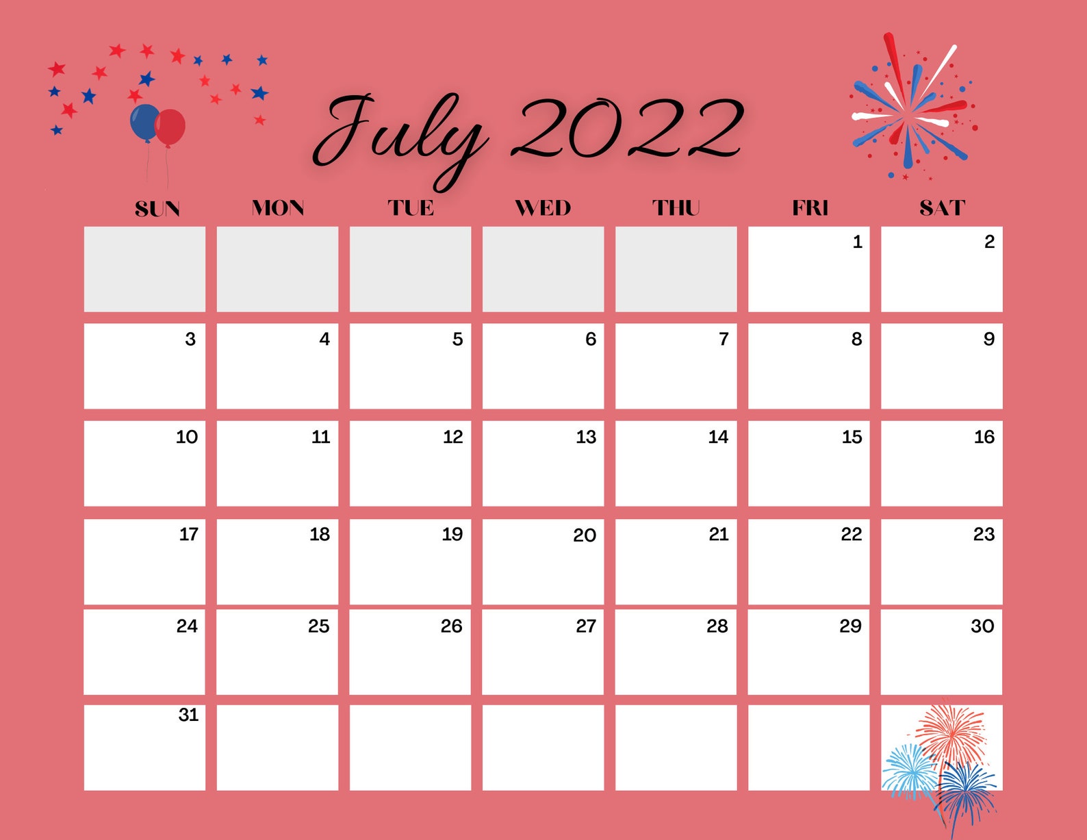 Printable July 2022 Calendar. Printable July Calendar 2022. Etsy