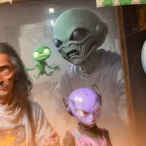 Puede incluir: Arte digital que representa una escena con varias figuras alienígenas. Un alienígena verde con ojos grandes flota en el fondo. Un alienígena púrpura con ojos rojos y un atuendo verde está en primer plano. Un hombre con pelo largo está en primer plano.