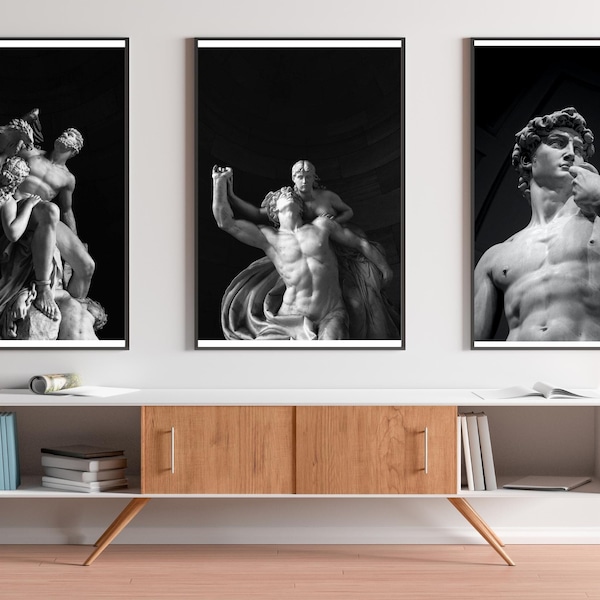 Lot de 3 affiches de la Grèce antique en noir et blanc, art mural minimaliste à imprimer, lot d'estampes, lot de trois affiches, décoration d'intérieur moderne