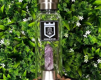 Glass Water Bottle With A Purple Amethyst Crystal Wand