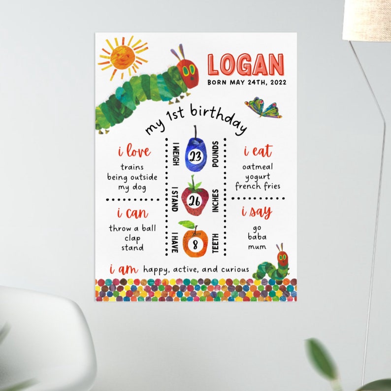 Puede incluir: Un gr&aacute;fico de primer cumplea&ntilde;os colorido e imprimible con una oruga con cabeza roja y cuerpo verde. El gr&aacute;fico incluye el nombre del ni&ntilde;o, Logan, y detalles sobre su primer a&ntilde;o, incluyendo su peso, altura y comidas favoritas. El gr&aacute;fico est&aacute; decorado con un sol, una mariposa y una manzana roja.