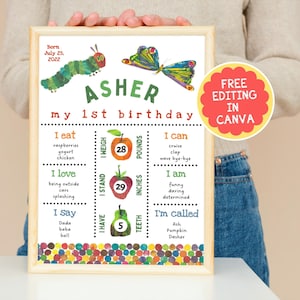 Very Hungry Caterpillar - First Birthday - Milestone Sign - Milestone Poster - Edit Yourself Template