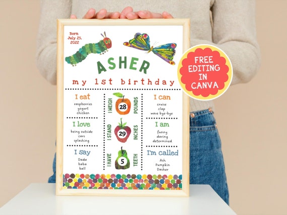 Very Hungry Caterpillar - First Birthday - Milestone Sign - Milestone Poster - Edit Yourself Template