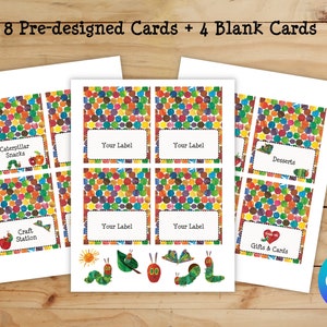 May include: Printable cards featuring a colourful caterpillar design. The cards are labelled with text such as "Caterpillar Snacks", "Craft Station", "Desserts", and "Gifts & Cards". There are also four blank cards included.