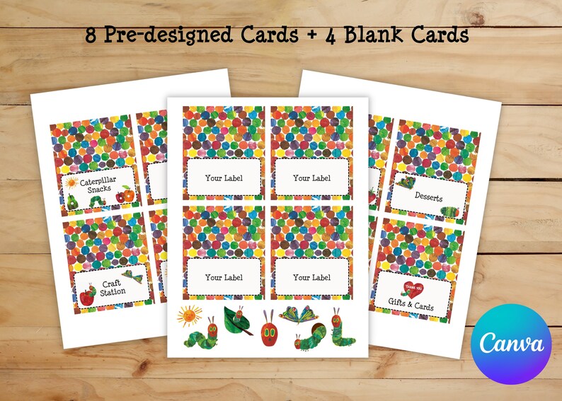 May include: Printable cards featuring a colourful caterpillar design. The cards are labelled with text such as "Caterpillar Snacks", "Craft Station", "Desserts", and "Gifts & Cards". There are also four blank cards included.