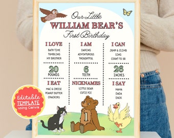 Puede incluir: Un gráfico de primer cumpleaños imprimible para un niño llamado William. El gráfico presenta un oso marrón, un gato negro y un pato amarillo. Incluye detalles como el peso, la altura y las cosas que al bebé le encanta hacer. El texto dice "Our Little William Bear's First Birthday".