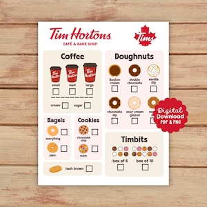 May include: A Tim Hortons menu on a wooden surface. The menu features coffee sizes, doughnut varieties, bagels, cookies, Timbits, and hash browns. The menu includes check boxes for easy ordering. A red digital download tag is in the corner.