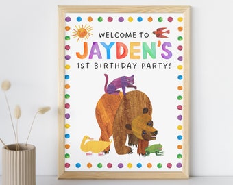 Cartel de bienvenida de cumpleaños con forma de oso pardo: decoración personalizada para fiestas (PDF y PNG)