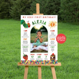Editable Hungry Caterpillar 1st Birthday Photo Milestone Board - Template (Digital File)