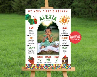 Plantilla editable para el primer cumpleaños de La Oruga Hambrienta (archivo digital)
