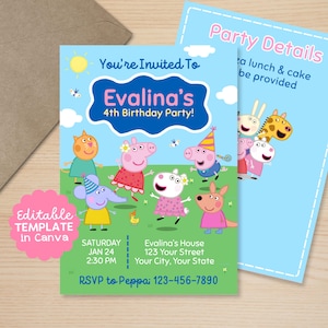 Può includere: Un colorato invito per una festa di compleanno con personaggi dei cartoni animati. L'invito include il testo "You're Invited To Evalina's 4th Birthday Party!" e dettagli come la data, l'ora e il luogo. Una grafica rosa indica "Editable Template in Canva."