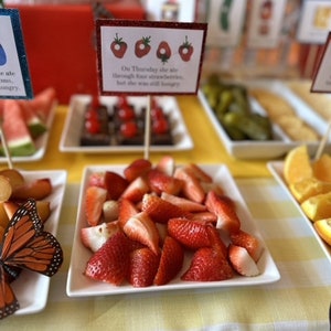 May include: A white square plate with sliced strawberries on a yellow and white checkered tablecloth. A sign reads "On Thursday she ate through four strawberries, but she was still hungry."