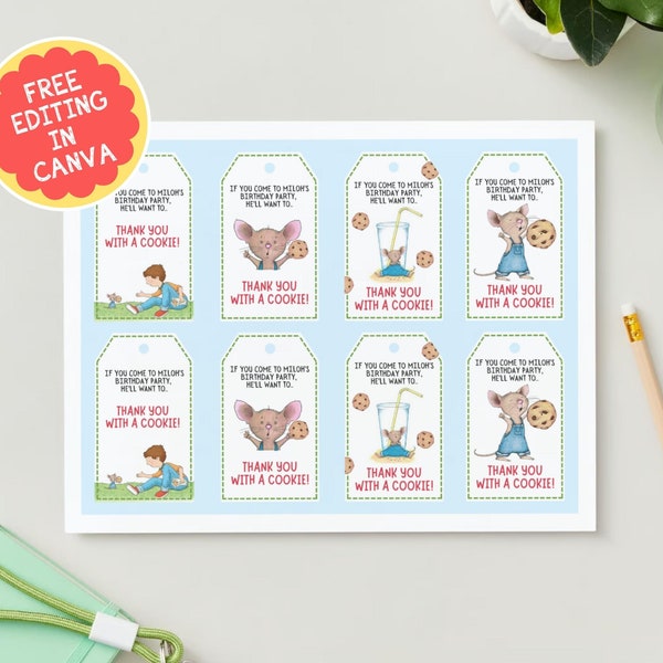 If You Give a Mouse a Cookie - Thank You Tags - Party Favor Tags - Birthday - Toddler - Editable Template
