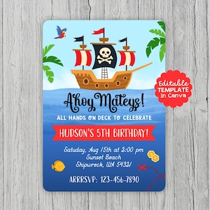 Plantilla editable de invitación de cumpleaños pirata - Niños - ¡Ahoy, amigo! - Imprimible (Descarga digital)