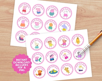 Peppa Pig-cupcaketoppers - digitale download - afdrukbaar - verjaardagsfeestje (pdf)
