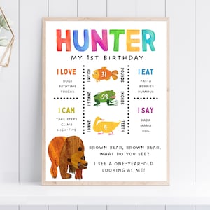Puede incluir: Un gr&aacute;fico imprimible colorido para un primer cumplea&ntilde;os con el nombre Hunter. El gr&aacute;fico enumera las cosas que al ni&ntilde;o le gustan, puede hacer y dice. Tambi&eacute;n incluye la altura, el peso y la cantidad de dientes del ni&ntilde;o. El gr&aacute;fico presenta ilustraciones de un pez, una rana, un pato y un oso.