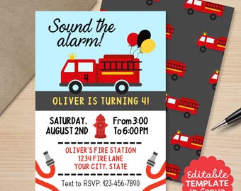 Firetruck - Birthday Invitation - Editable Template