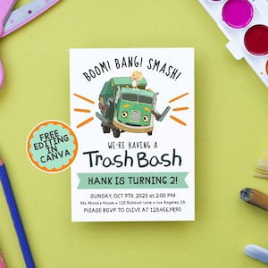 Trash Truck Show - Birthday Invitation - Trash Bash - Editable Template