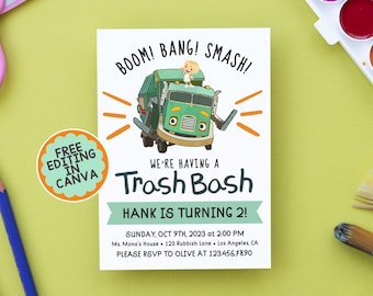 Trash Truck Show - Birthday Invitation - Trash Bash - Photo Invite - Editable Template