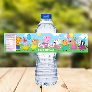 May include: A clear plastic water bottle with a blue cap. The bottle is wrapped with a colorful label featuring cartoon characters and the text "Poppy's 3rd Birthday". The background is a blurred outdoor scene.