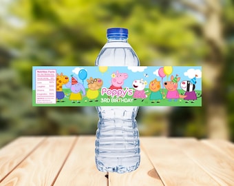 Etiquetas para botellas de agua de cumpleaños de Peppa Pig – Plantilla editable para fiestas (Descarga digital)