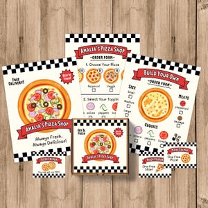 May include: A printable pizza shop menu with a red and white checkered background. The menu includes a build your own pizza section with options for toppings, size, and crust. The menu also includes a pizza coupon for buy one get one free.
