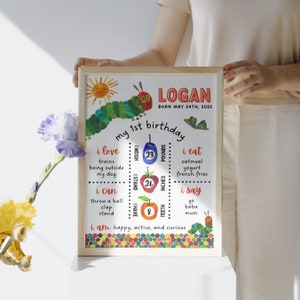 Puede incluir: Un gr&aacute;fico de hitos de primer cumplea&ntilde;os colorido e imprimible con la oruga muy hambrienta. El gr&aacute;fico incluye el nombre del ni&ntilde;o, Logan, la fecha de nacimiento y detalles sobre su primer a&ntilde;o, incluyendo el peso, la altura y las cosas que le gustan, puede hacer y comer.