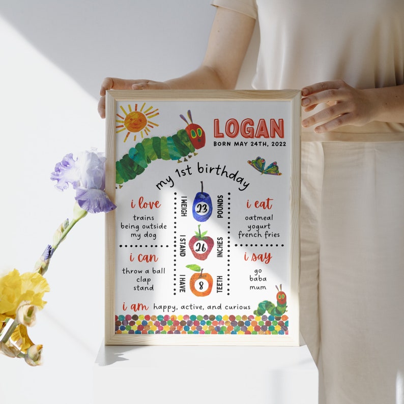 Puede incluir: Un gr&aacute;fico de hitos de primer cumplea&ntilde;os colorido e imprimible con la oruga muy hambrienta. El gr&aacute;fico incluye el nombre del ni&ntilde;o, Logan, la fecha de nacimiento y detalles sobre su primer a&ntilde;o, incluyendo el peso, la altura y las cosas que le gustan, puede hacer y comer.