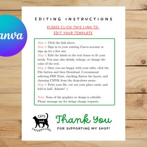 May include: A white card with green text that says "Editing Instructions" and "Please click this link to edit your template". Below the text is a list of steps for editing a template in Canva. The card also includes a logo for "Cats and Caterpillars" and the text "Thank You for supporting my shop!"