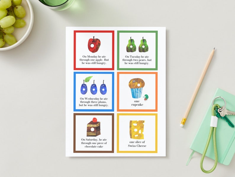 May include: A printable set of six colorful cards featuring a different food item on each card. The cards include text that reads "On Monday he ate through one apple. But he was still hungry." "On Tuesday he ate through two pears, but he was still hungry." "On Wednesday he ate through three plums, but he was still hungry." "one cupcake" "On Saturday, he ate through one piece of chocolate cake" "one slice of Swiss Cheese".