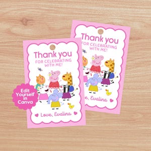 Può includere: Due etichette regalo rosa con bordi smerlati e un foro nella parte superiore. Le etichette presentano il testo "Thank you for celebrating with me!" e un gruppo di personaggi dei cartoni animati. Il fondo dell'etichetta dice "Love, Evalina".