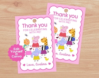 Peppa Pig & Friends - Verjaardag - Bedankkaartjes - Tags feestgunst - bewerkbare sjabloon - afdrukbaar