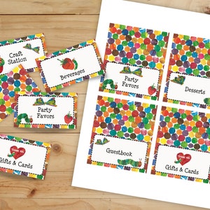 May include: Printable party favour tags featuring a colourful caterpillar design with the text "Party Favors" and a butterfly. The tags are perfect for a The Very Hungry Caterpillar themed party.