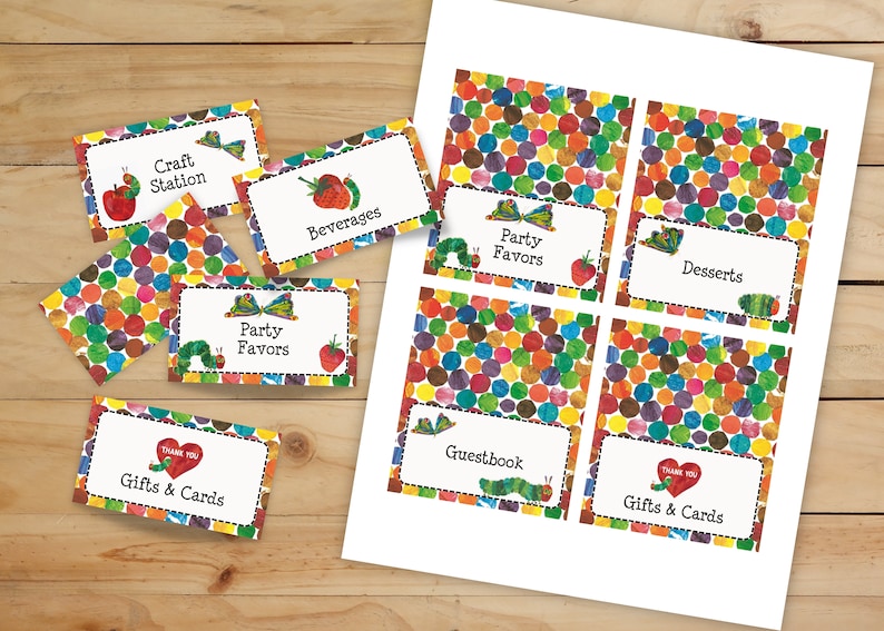 May include: Printable party favour tags featuring a colourful caterpillar design with the text "Party Favors" and a butterfly. The tags are perfect for a The Very Hungry Caterpillar themed party.