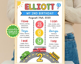May include: A colorful printable birthday chart for a 2-year-old boy named Elliott. The chart includes details about his age, weight, height, favorite foods, toys, and songs. It features illustrations of trucks, a fire engine, and a school bus.