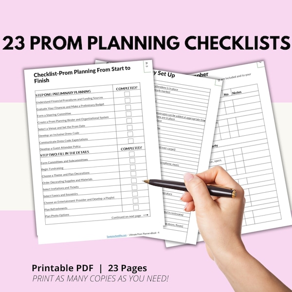 Printable Prom Checklists, High School Prom Planning Checklist,  Prom Planner Forms, Lists for Prom Event Planning